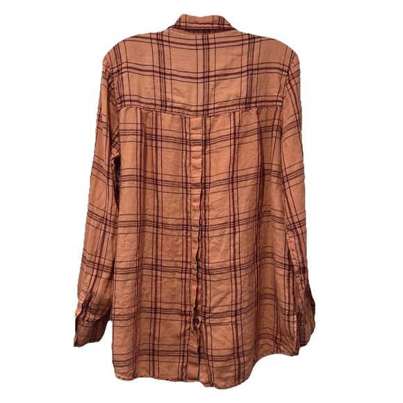 Free People‎ Shirt Womens M Peach 100% Linen Plaid Button Down Coastal Beach - Picture 4 of 7